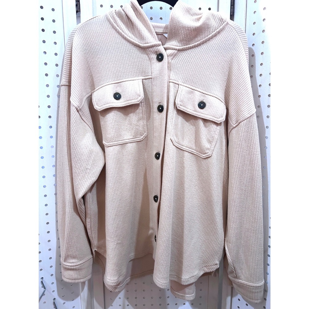 Time and Tru Womens Beige Ribbed Button Up Hoodie Shirt Jacket Size‎ L Shacket